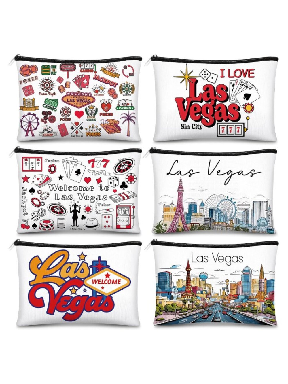 Reginary 6 Pc City Souvenir Cosmetic Bags Zipper Pouch Las Vegas Travel Gift
